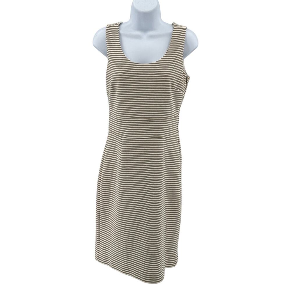 Banana Republic Sheath Dress WMNS 2 Cream Tan Striped Knit Scoop Neck Side Zip